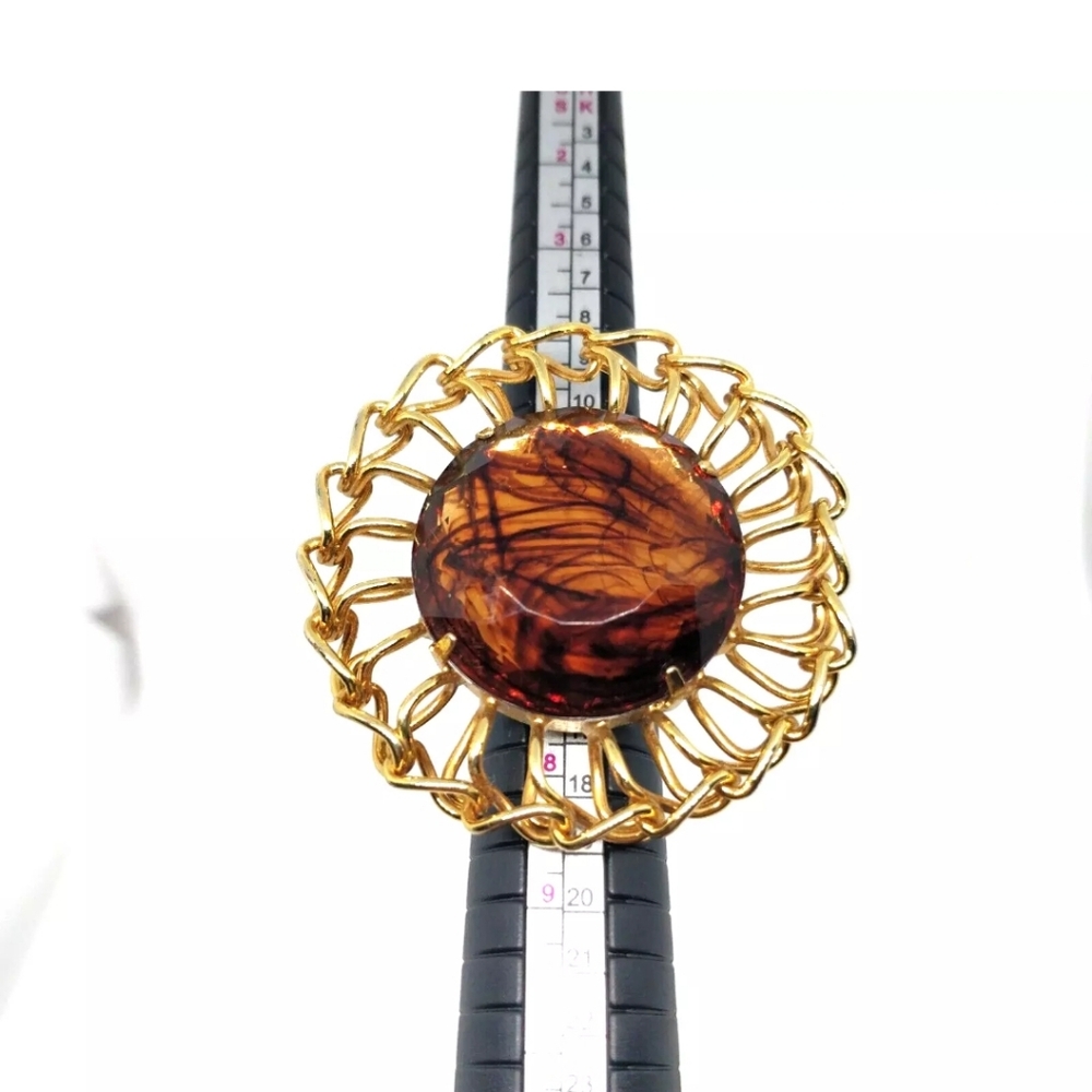 Women's Large Cocktail Ring Wire Wrapped Gold Tone Brown Faux Stone Facet 6.5